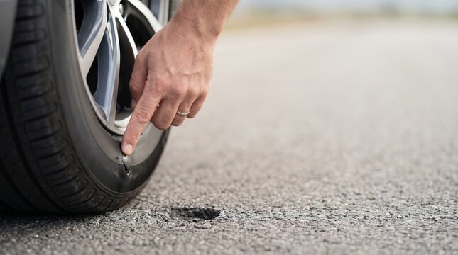 Driver points to damaged car tire and pothole on asphalt road