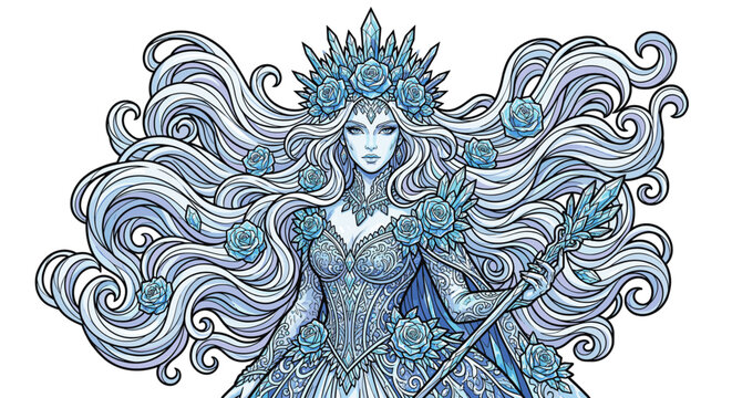 Ornate snow queen portrait in icy blue gown holding crystal scepter and floral crown