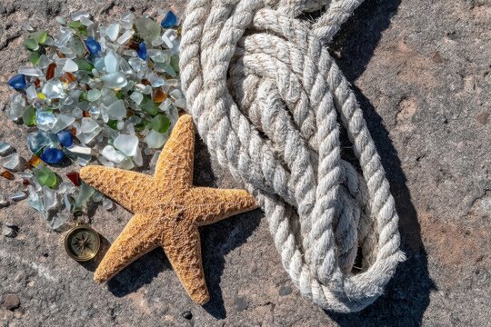 A starfish, sea glass, compass, and thick rope arranged on a textured rocky surface, evoking a nautical theme.
