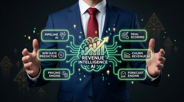 A businessman in a suit interacting with a futuristic revenue intelligence AI interface