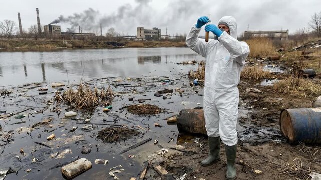 Environmental Scientist Sampling Polluted River Near Industrial Plant, Wearing White Hazmat Suit, Blue Gloves And Respirator, Collecting Water Sample In Vial From Oilstained Shoreline Littered.