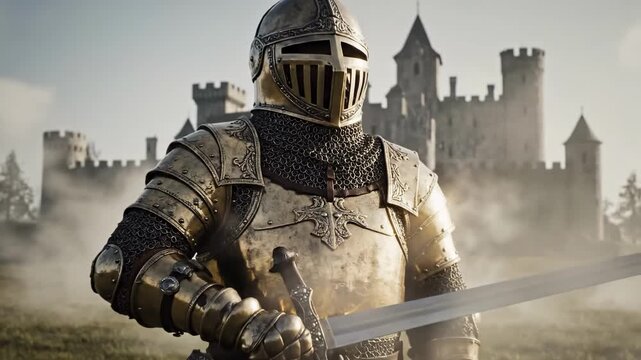 Armored Knight Stands Before Castle In Misty Dawn, Gleaming Steel Plate Armor With Closed Visor, Hand Gripping Longsword, Fortress Towers Looming, Dramatic Heroic Mood And Battle Readiness.