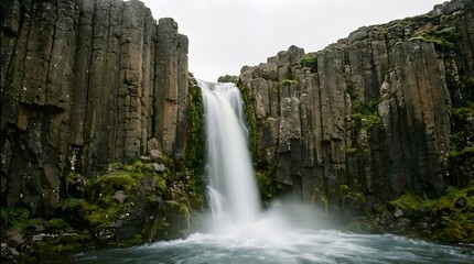 Obraz premium A powerful, misty waterfall cascades gracefully down impressive towering hexagonal basalt columns, showcasing stunning natural beauty and unique geological formations.