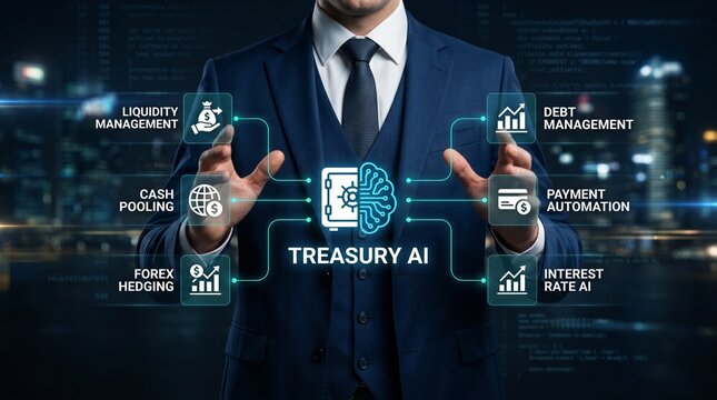 A businessman in a suit interacts with a futuristic Treasury AI interface in a dark, urban environment.
