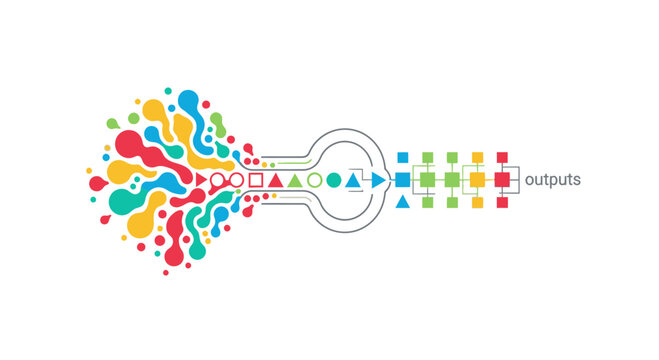 Colorful brain, neural network, creative outputs, mind map, infographic elements