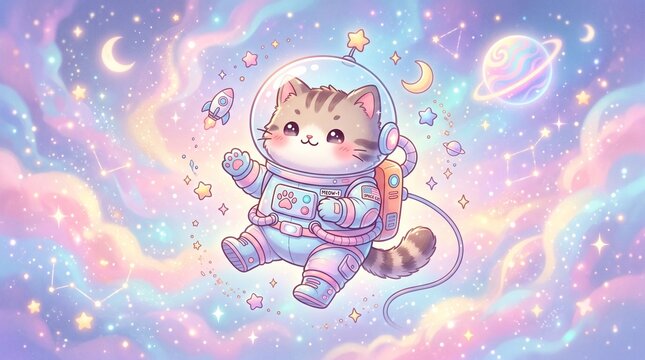 Cute chibi cat floats in space wearing astronaut suit among stars.