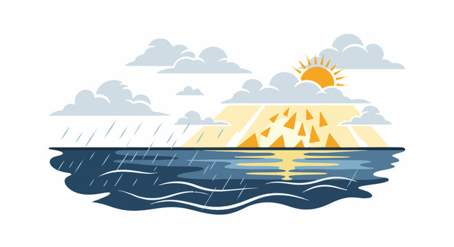 A divided horizon shows rain on the left and sunbeams on the right, meeting over dark blue water