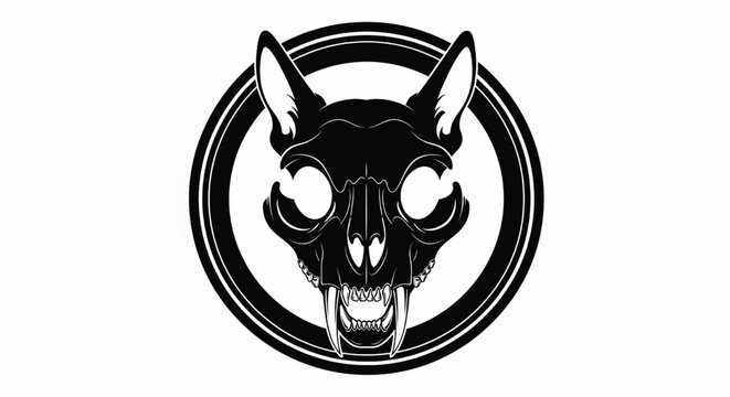 Skull bat emblem with flaming eyes and gothic fangs inside circular black lines vector logo design featuring horror icon, monochrome, badge with