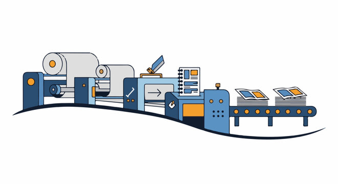 Industrial printing machine producing stacks of opened books on a conveyor belt