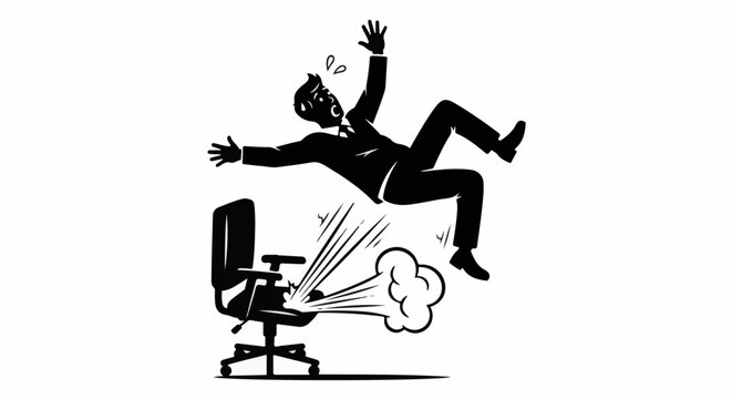 A businessman in a suit is propelled upwards by an office chair, arms flailing in surprise