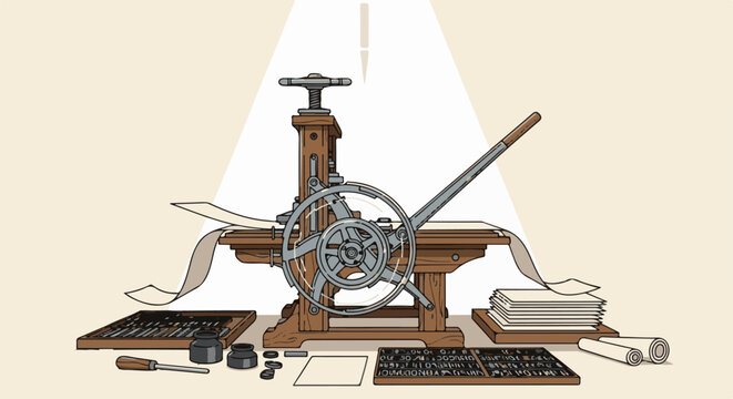 Vintage printing press with typesetting tools, paper, and ink