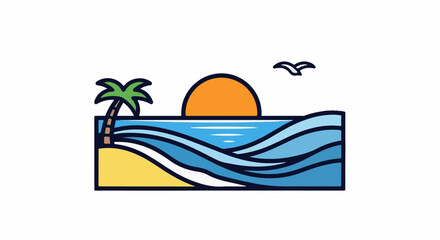 Obraz premium A vibrant stylized sunset over the ocean, with a palm tree and a bird