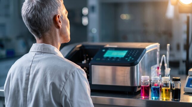 Scientist in lab coat facing spectrophotometer with colored liquids