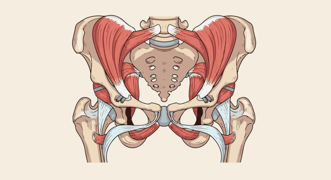 Detailed illustration of the human pelvic girdle, showing bones and musculature