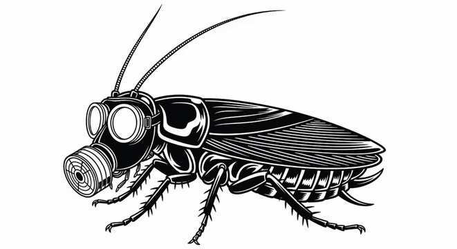 Robot insect character with gas mask head, wings, and spiked legs in retro sci fi comic line art featuring illustration, cyber creature, goggles with