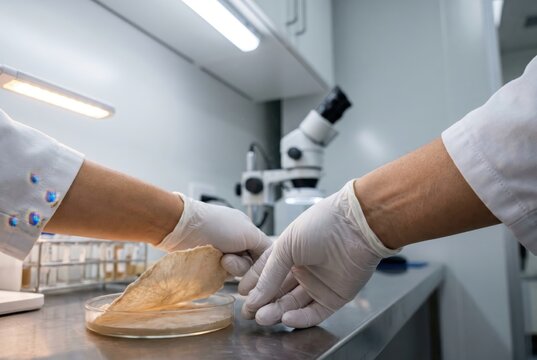 Gloved hands holding mycelium sheet over petri dish in laboratory
