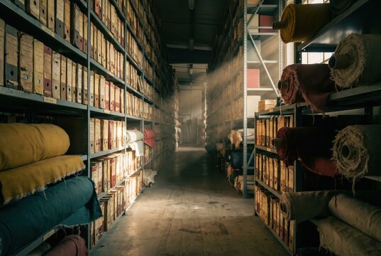 Shelves with fabric rolls and vintage archive boxes in warehouse aisle