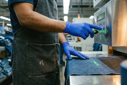Worker hands operating laser ozone denim finishing machine in factory