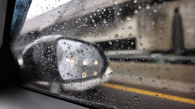 Raindrops on car window obscuring view of white car in traffic during downpour.