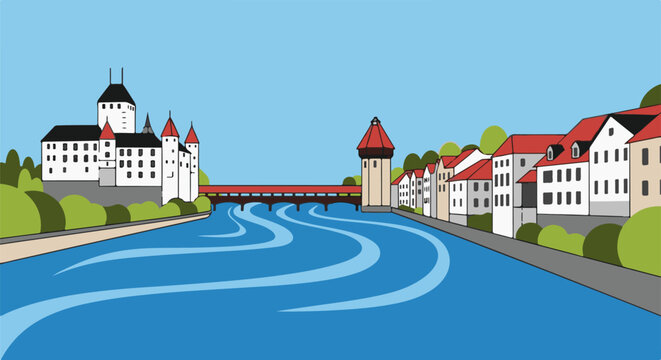 A cartoon-style cityscape featuring a river, a castle, a covered bridge, and a row of charming buildings