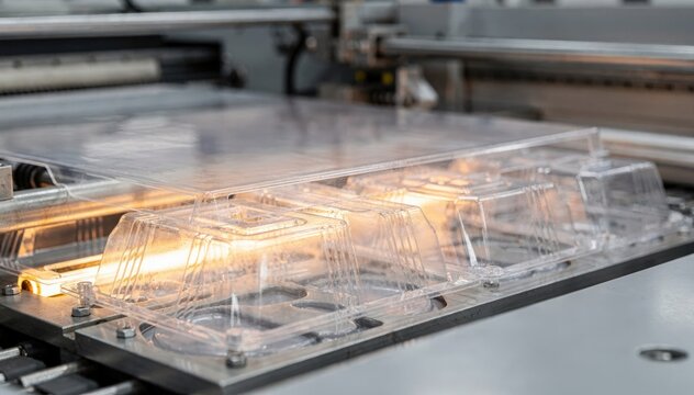 Closeup medium view of plastic sheets transformed into clamshell packaging through thermoforming highlighting the materials flexibility and machine operation details.