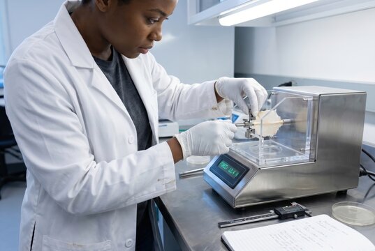 Scientist testing mycelium sample on tensile-strength machine in lab