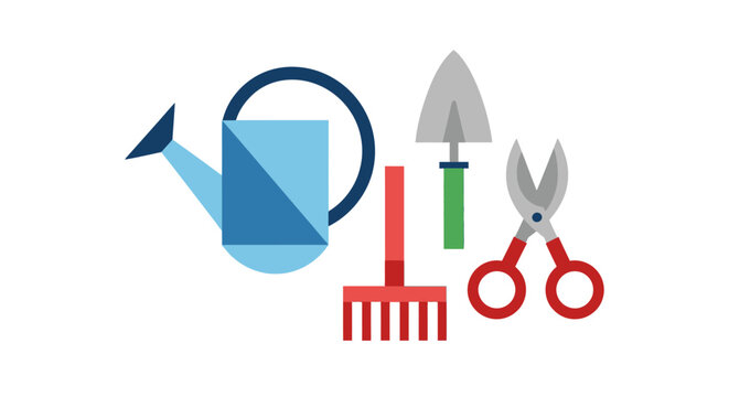 Garden tools illustration watering can rake trowel and pruning shears