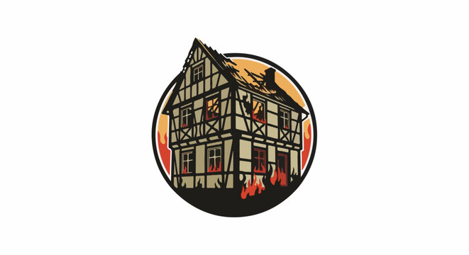 An old, half-timbered building is ablaze with flames licking at its windows and roof, all within a circular frame