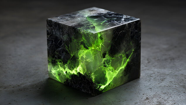A luminous green energy source radiates from within a dark, marbled cube. The enigmatic artifact rests on a textured surface