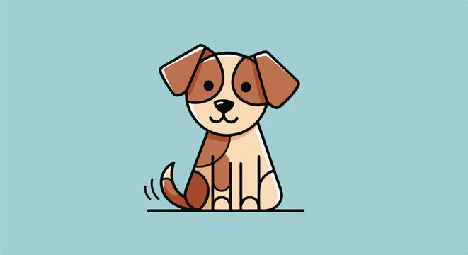 A cute, cartoonish dog with brown and white patches sits happily