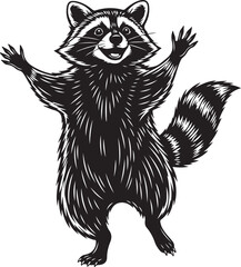 Fototapeta premium Cute Raccoon Cartoon Black and White Hand Drawn Illustration.