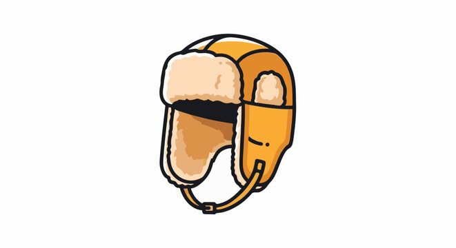 A simple cartoon drawing of a fluffy, orange trapper hat with ear flaps and a chin strap