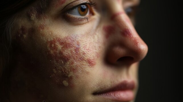 Close-up of a person's face showing butterfly rash, which represents symptoms of lupus and other skin diseases affecting autoimmune health