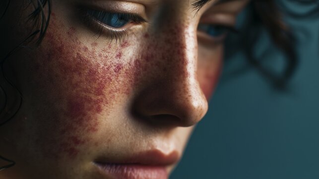 Macro shot of a face showing butterfly rash, representing lupus and autoimmune skin issues during a close examination