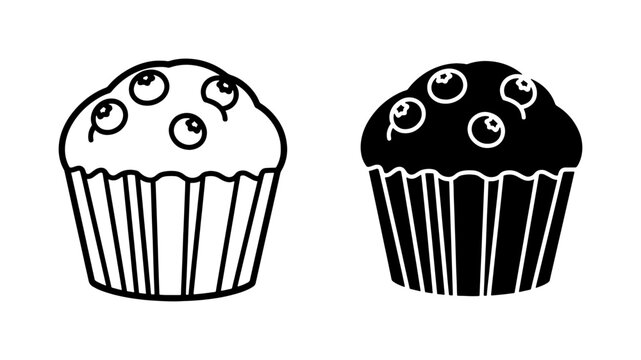 Blueberry Muffin Outline and Silhouette Icon Set