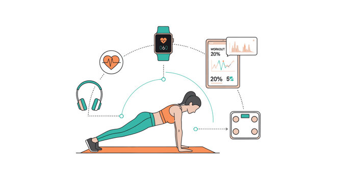Fitness woman doing plank workout with smart technology tracking