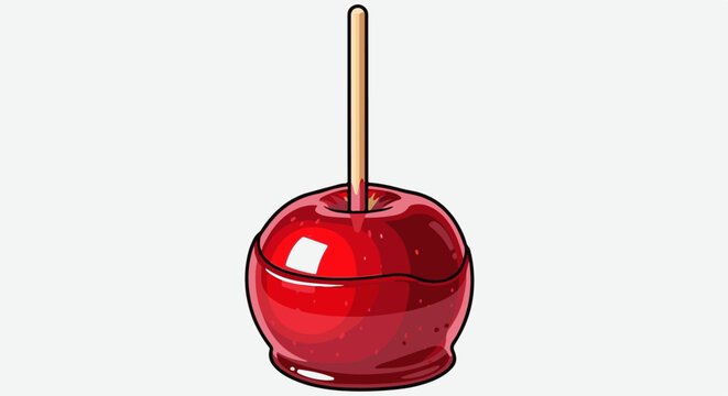 A shiny red candy apple with a wooden stick inserted into it, isolated on white