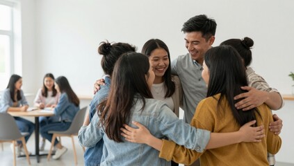 Fototapeta premium Group of Friends Sharing Joyful Moments in a Bright Room Together
