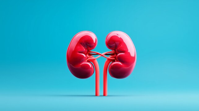 Chronic kidney disease model showing kidneys with vascular connections on a blue background