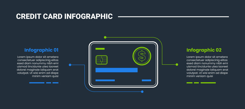 Credit card infographic process diagram with round edge on center with opposite comparison data with dark background bright outline style 2 points