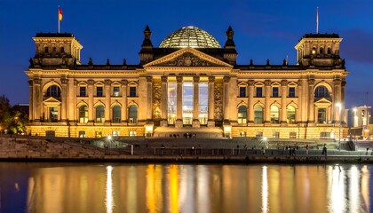 Fototapeta premium Reichstag Building Berlin At Night With Illuminated Facade And Glass Dome Reflected In Spree River