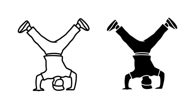 Breakdancer Headstand Silhouette and Line Art Icon Set