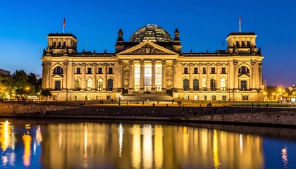 Obraz premium Reichstag Building In Berlin At Twilight With Golden Illumination And Reflection In Spree River Water Under A Deep Blue During Blue Hour
