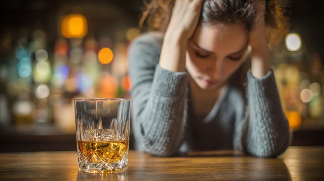 Woman struggles with alcohol addiction in a bar while sitting at a table with glass of whiskey in front of her during night time