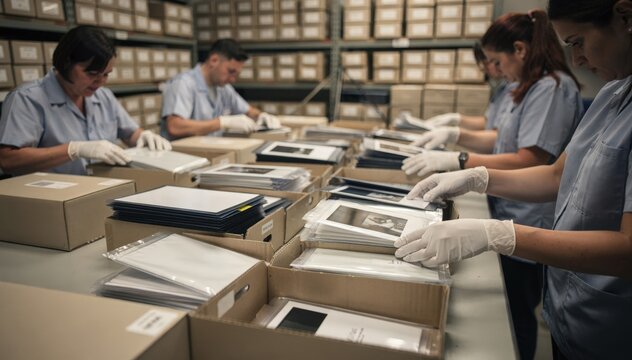 Archivists sealing 8x10 sheet film sheets into sturdy cartons ensuring each film is safely stored with precise methodical movements.
