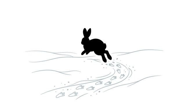 Black rabbit running and jumping across snowy landscape, creating snow splashes, active winter scene.