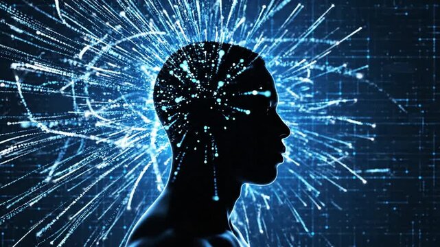 Futuristic silhouette of a human profile featuring glowing blue neural network data streams and radiant digital light dots representing artificial intelligence and advanced technological power.