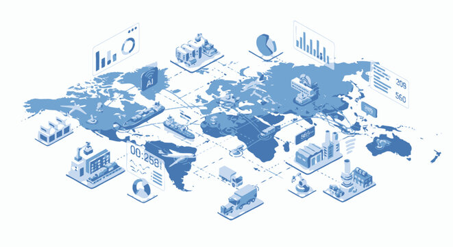 Blue isometric global supply chain and logistics data map
