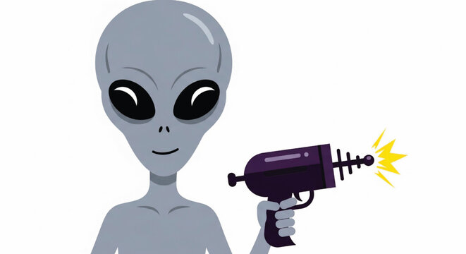 Robot hand holding toy gun with bright muzzle flash, comic-style illustration for violence awareness and gaming