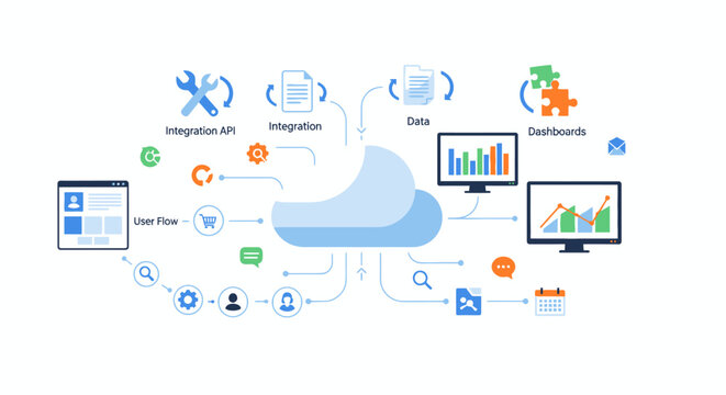 Business cloud integration and data dashboard flat vector concept